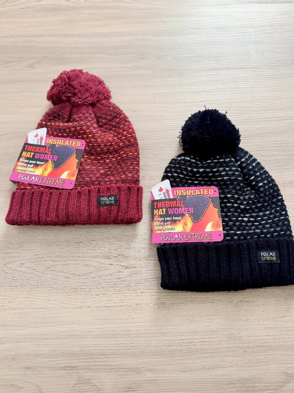 2 Pack Polar Extreme Burgundy-Black NEW Insulated Pom Beanie Thermal Hat Women